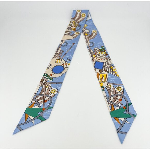 Rare Authentic Vintage HERMES Odyssey Beige Bleu Ciel&Jaune Vif 100% Silk Twilly - Picture 5 of 8